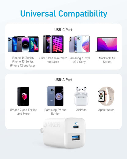 Anker USB C Charger, 323 Charger (33W), 2 Port Compact Charger with Foldable Plug for iPhone 14/14 Plus/14 Pro/14 Pro Max/13/12, Pixel, Galaxy, iPad/iPad Mini and More (Cable Not Included) - White