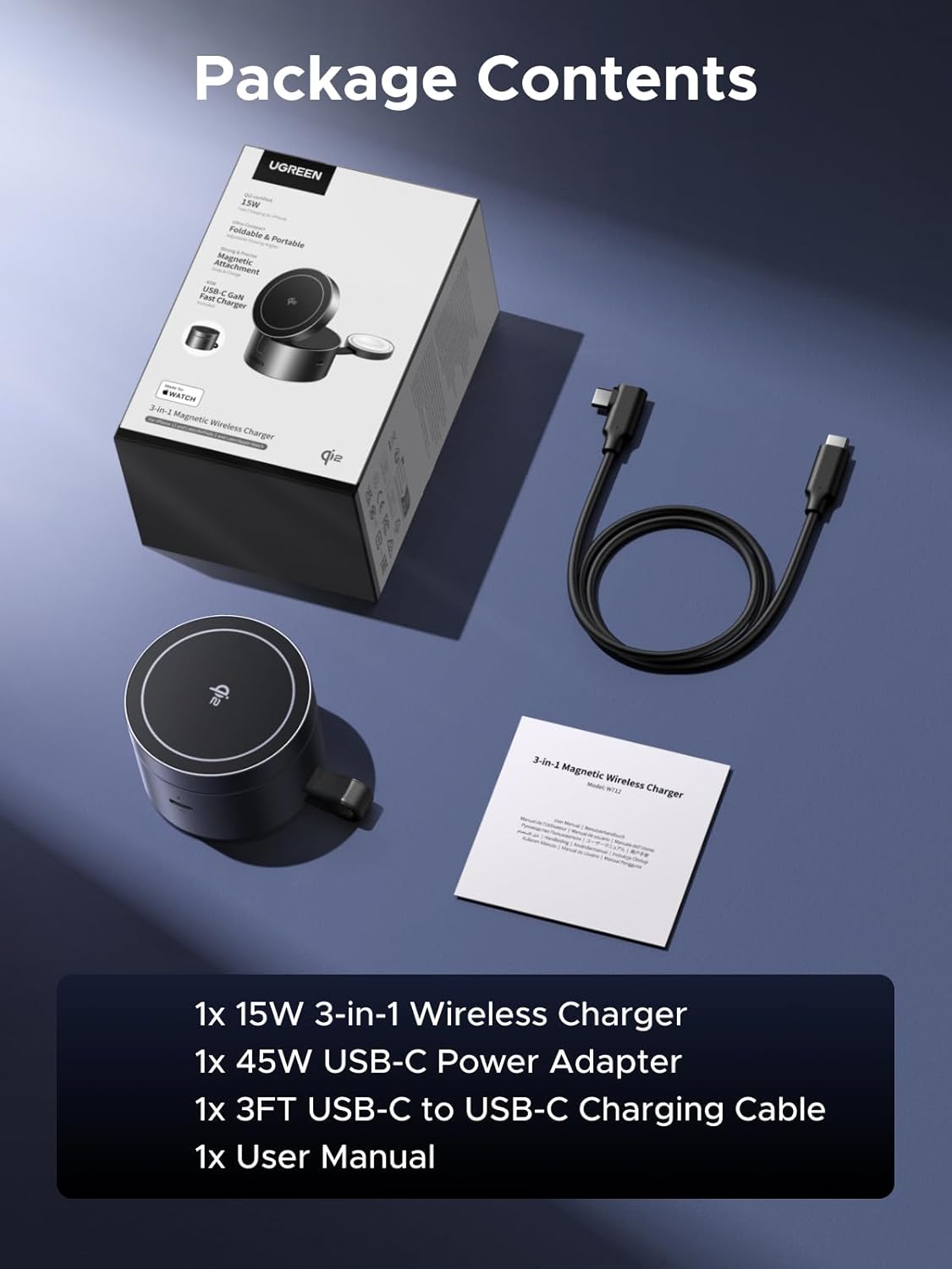 UGREEN MagFlow 15W 3-in-1 Fast Wireless Charger, QI2 Certified Magsafe Foldable Charging Stand Compatible with iPhone 16/15/14/13, AirPods 4/3/2/Pro, iWatch (Includes 45W Adapter and 3FT USBC Cable)