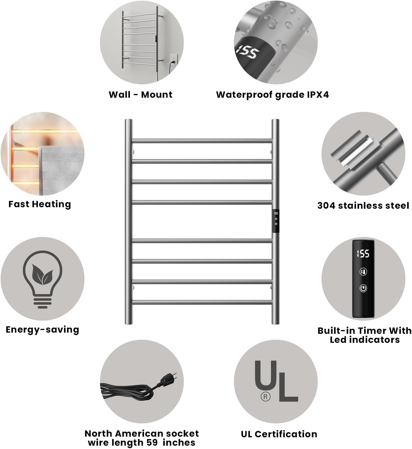 POPFLY Heated Towel Rack, Wall Mounted Electric Hot Towel Warmer, 4-Bar 304 Stainless Steel Small Heated Towel Warmer Rack for Bathroom with Timer and Temperature Control, Brushed