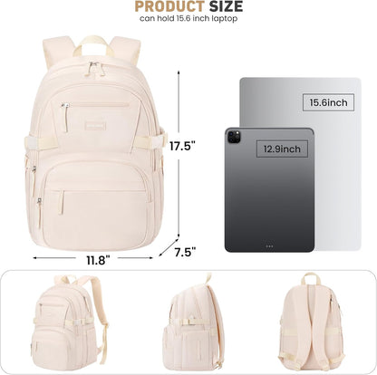 WINDARS Backpack for School Girls, Cute High School Backpacks for Teens Women Student Large Bookbag 15.6 Inch Laptop Bag with USB Charger Port for College Work Travel Trip (Beige Khaki)