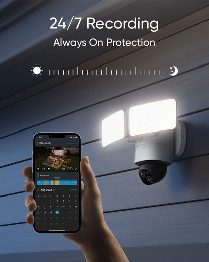 eufy Floodlight Camera E340 with AC Cable, Security Camera Outdoor, 360° PTZ, 24/7 Recording, 2.4G/5G Wi-Fi, 2000 LM, Motion Detection, Built-in Siren, Dual Cam, HB3 Compatible, No Monthly Fee