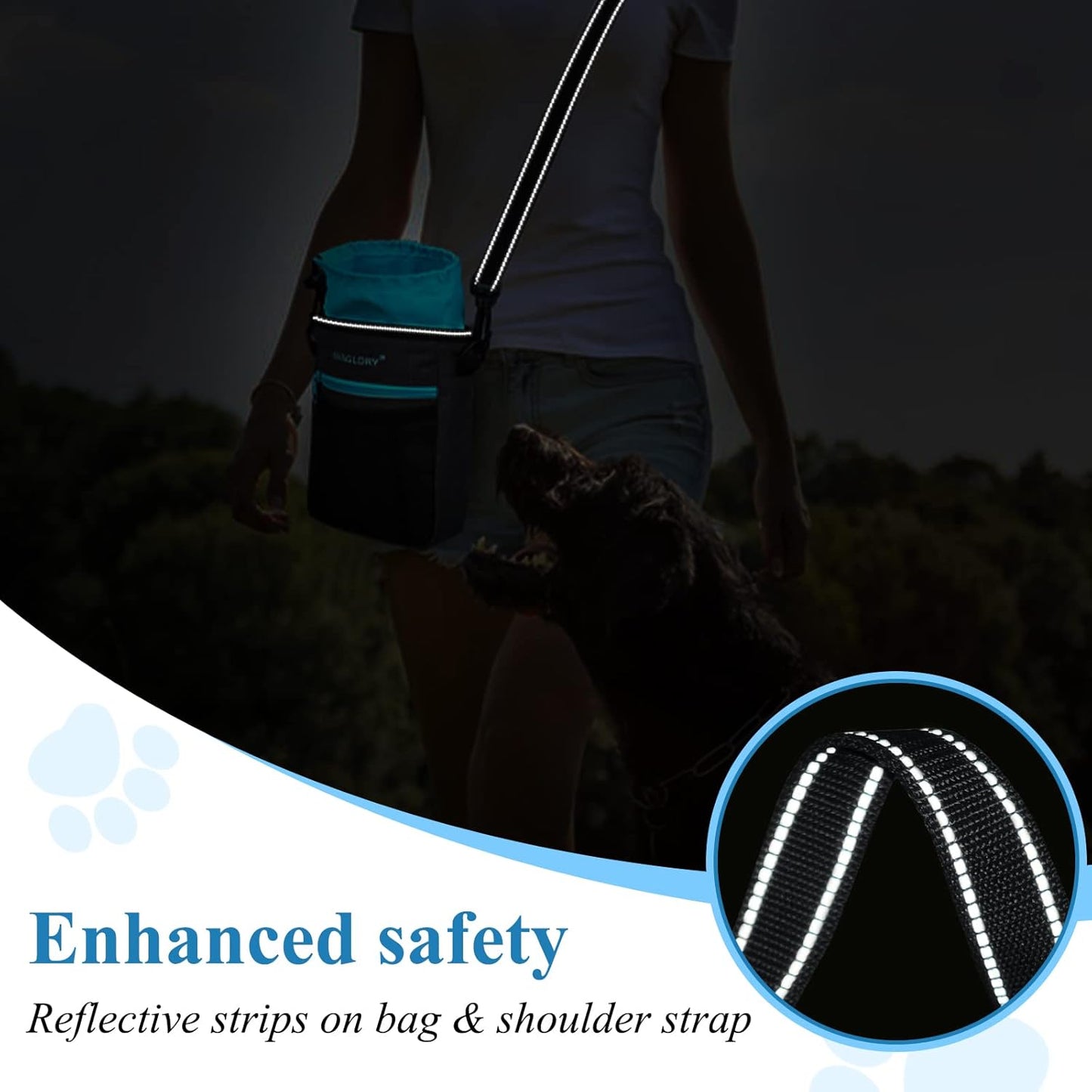VIVAGLORY Dog Training Treat Pouch, 4Ways to Wear Dog Treat Bags, Built in Dog Waste Bag Dispenser Treats Training Bags with Reflective Adjustable Shoulder Strap, Black