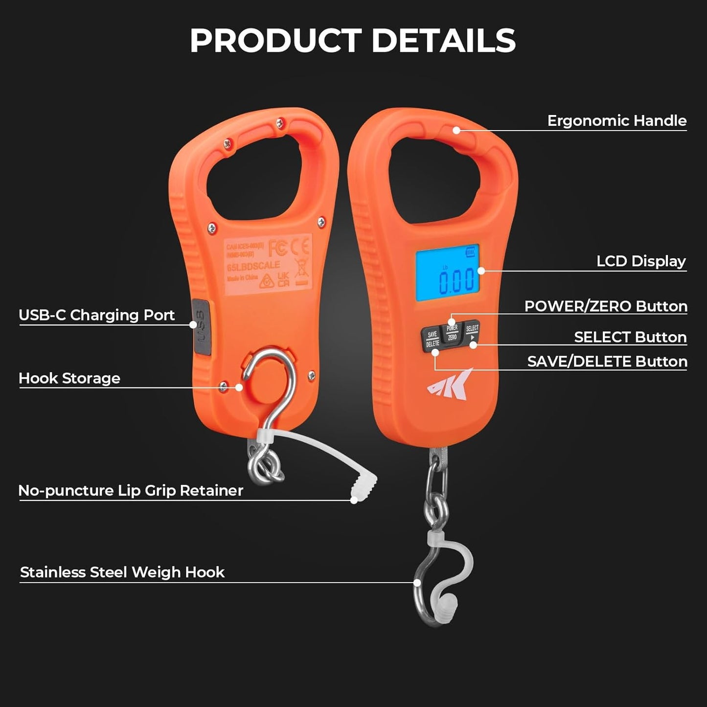 KastKing Fish Scale, LCD Display USB Charging Fishing Scale, Fishing Gifts for Men, Orange