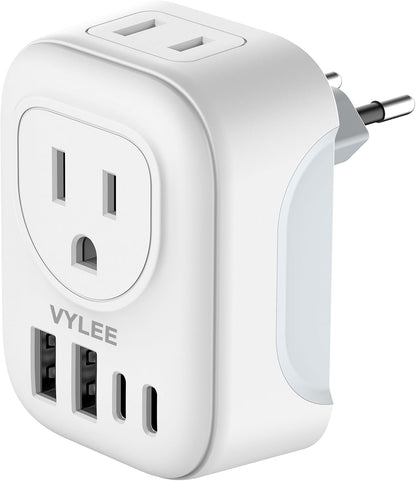 2 Pack European Travel Plug Adapter, VYLEE International Travel Adapter with 2 Outlets 4 USB Ports(2 USB C), 6 in 1 Type C Travel Essentials Charger for US to Most of Europe EU Italy Spain France
