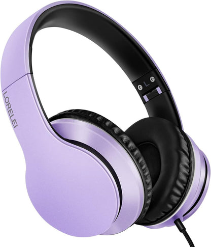 LORELEI X6 Over-Ear Wired Stereo Bass Headphones with Microphone, Lightweight, Foldable & Portable with 1.45M No-Tangle for Smartphone, Tablet, MP3/4, Space Black