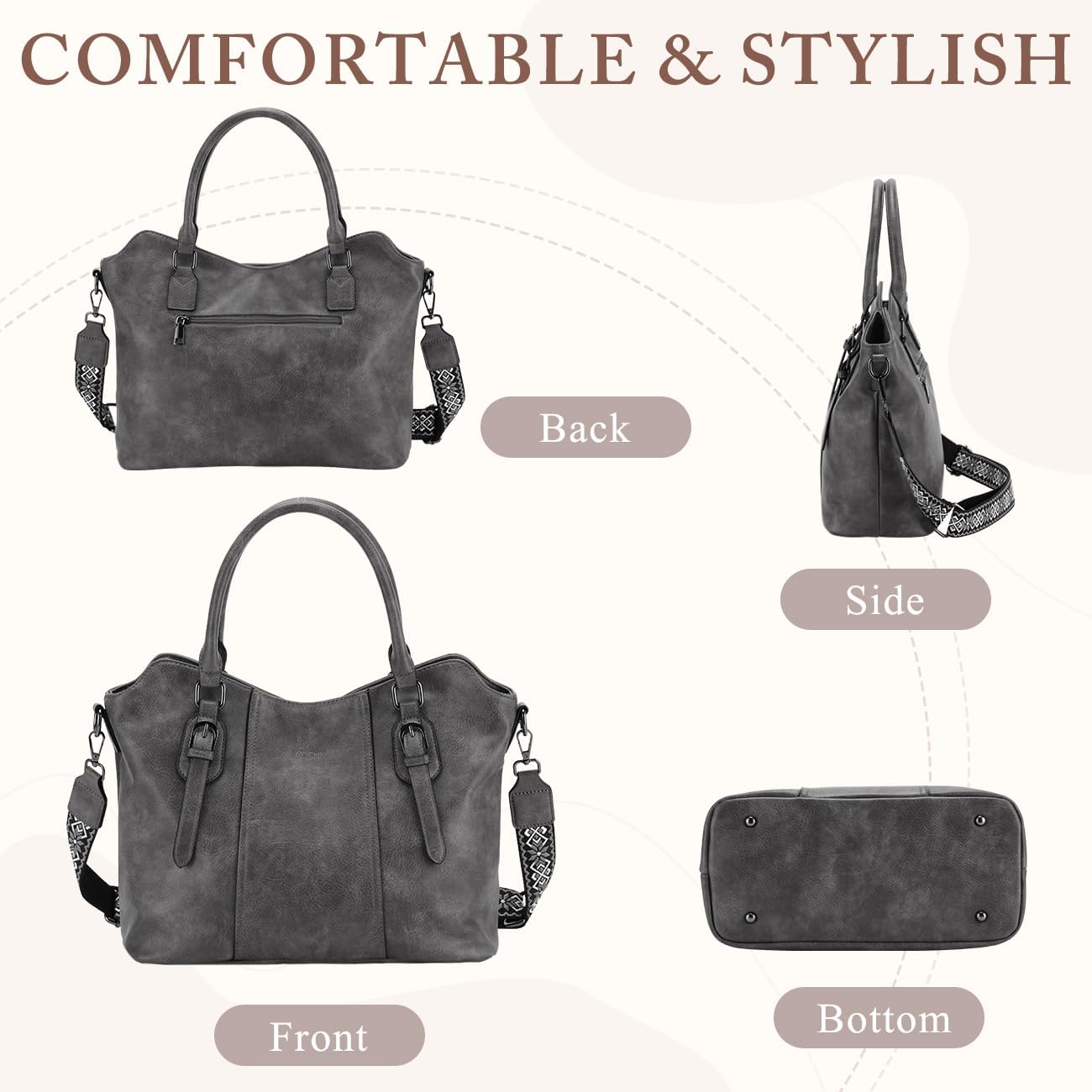 Hobo Bags for Women,VASCHY Vegan Leather Handbag Purse Top Handle Satchel Boho Shoulder Bag with Crossbody Guitar Strap