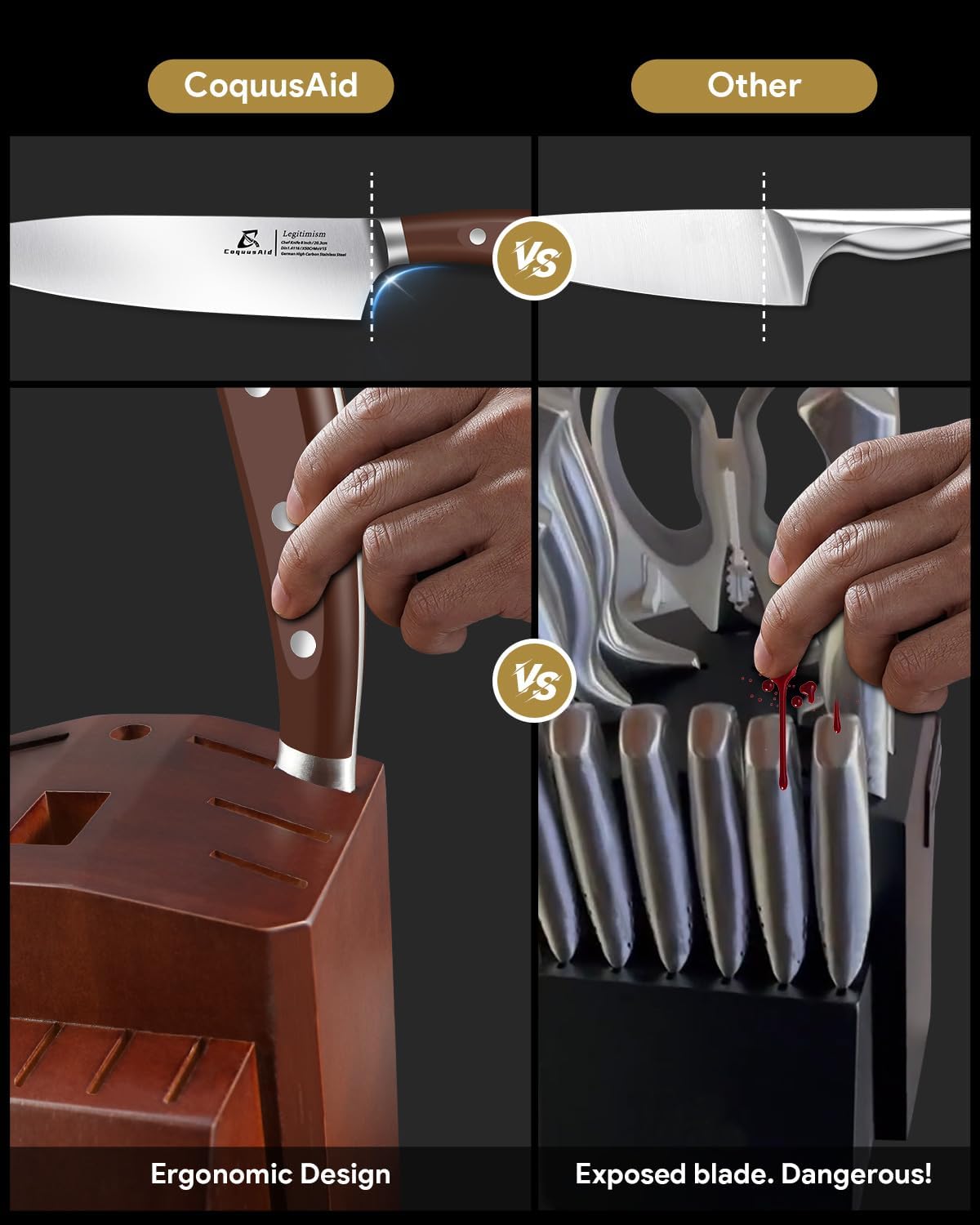 Knife Set with Block, Kitchen Chef Knives Set with Sharpener, Stainless Steel Knife Block Set, 6 Pcs Steak Knife Set Serrated, German Dishwasher Safe, Beveled Design Brown 15 Pieces