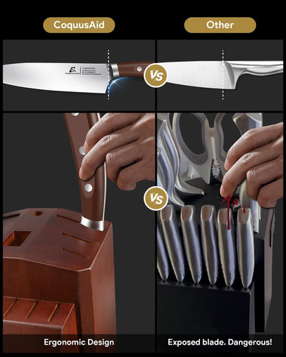 Knife Set with Block, Kitchen Chef Knives Set with Sharpener, Stainless Steel Knife Block Set, 6 Pcs Steak Knife Set Serrated, German Dishwasher Safe, Beveled Design Brown 15 Pieces