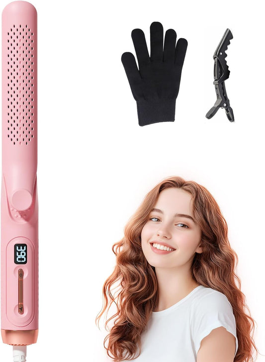 Hahahope Airflow 2 in 1 Straightener and Curler- 360° Airflow Styler Curling Iron, 1.25" Flat Iron Hair Straightener and Curler 2 in 1 for Short Long Hair, 5 Temps,Dual Voltage,Pink