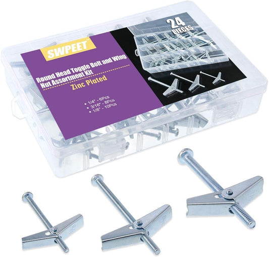 Swpeet Assorted 24 Pcs Toggle Bolt and Wing Nut for Hanging Heavy Items on Drywall - 1/8 inch, 3/16Inch, 1/4Inch