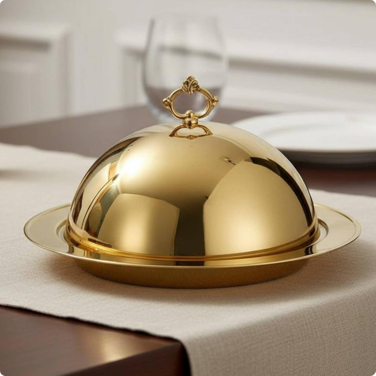 Stainless Steel Serving Platter with Lid High-End Cloche Serving Dome with Tray Decorative Handle Steak Plate Covered for Hotel, Restaurant, Buffet, Silver