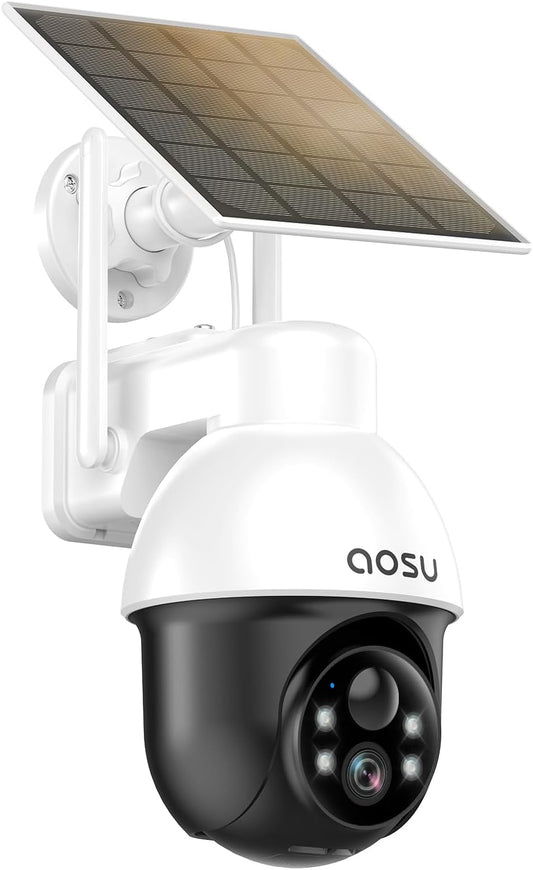 AOSU Solar Security Camera Wireless Outdoor with Panoramic PTZ, Human Auto Tracking, 2K Night Vision, Light and Sound Alarm, 2-Way Talk, Compatible with Alexa/Google Assistant for Home Surveillance