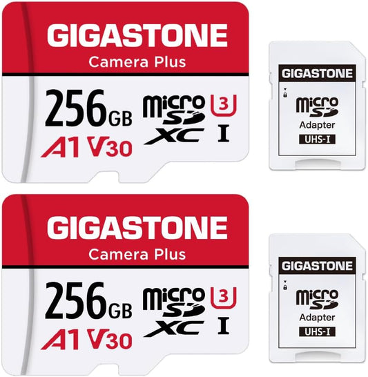 GIGASTONE 256GB Camera Plus Memory Card 2-Pack, Read Speed up to 100MB/s. Ideal for Full HD Video Gopro Drone Android Camera, A1 Micro SDXC Card with Mini Case and SD Adapter