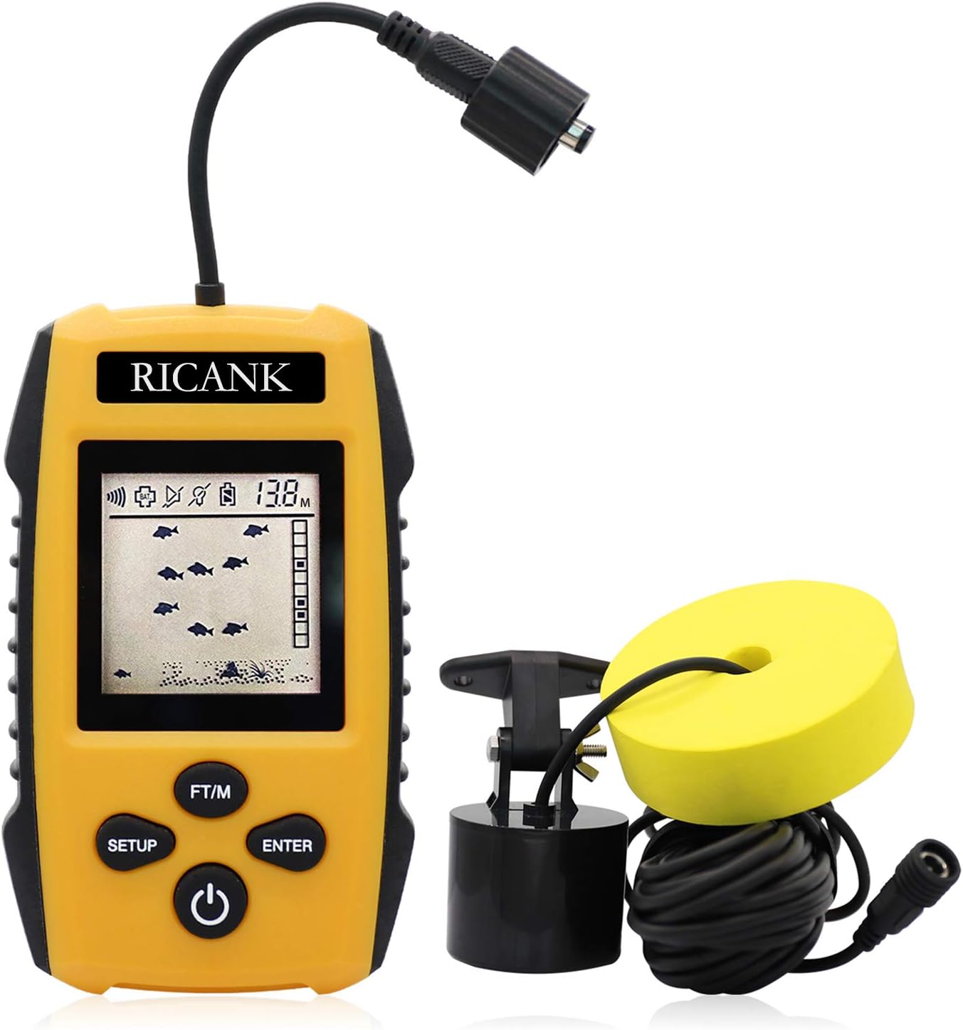 RICANK Portable Fish Finder, Handheld Fish Depth Finder Contour Readout Fishfinder Ice Kayak Shore Boat Fishing Fish Detector Device with Sonar Sensor Transducer and LCD Display Gear Fish Depth Finder
