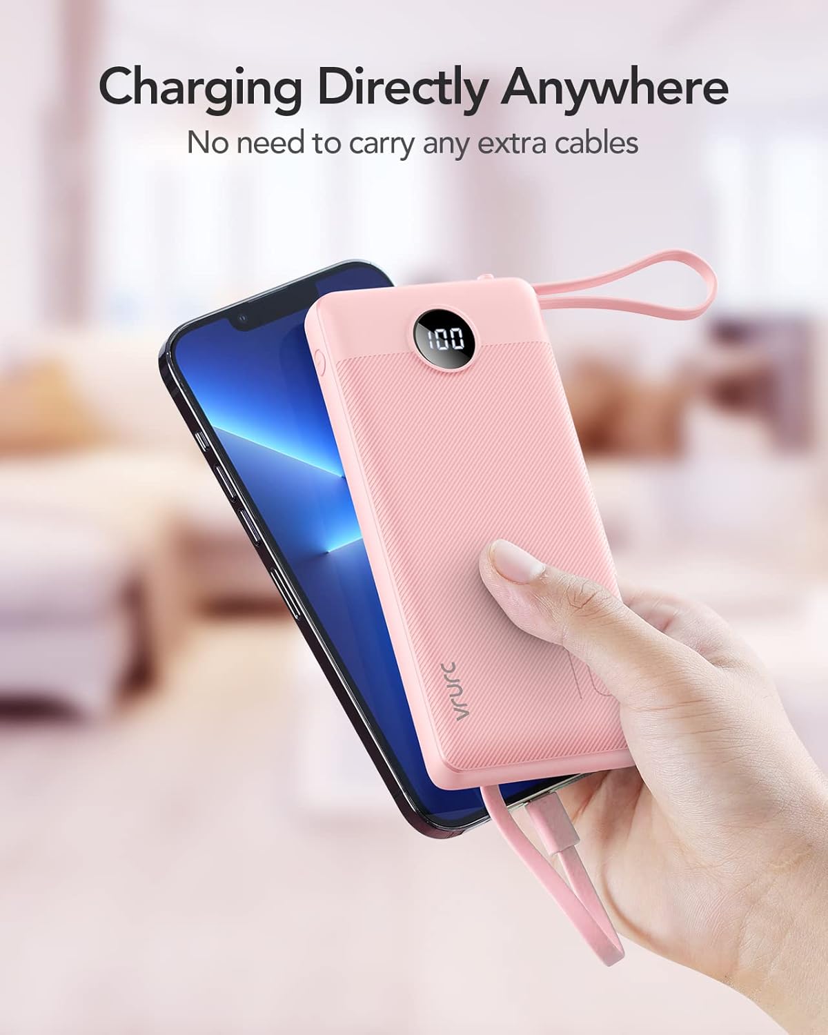 VRURC 10000mAh Power Bank Built-in Cables, Portable Charger with LED Display, Slim Intelligent Travel Battery Pack with Cords, 5 Output Dual Input Phone Charger for Cell Phone Smart Devcies-Blue