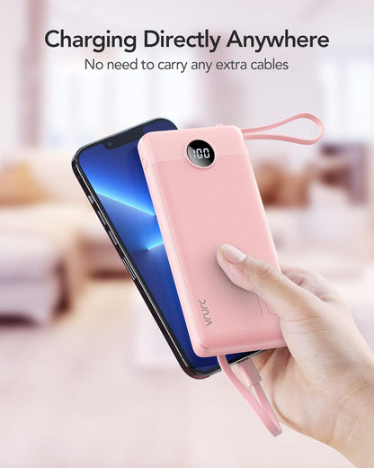 VRURC 10000mAh Power Bank Built-in Cables, Portable Charger with LED Display, Slim Intelligent Travel Battery Pack with Cords, 5 Output Dual Input Phone Charger for Cell Phone Smart Devcies-Blue