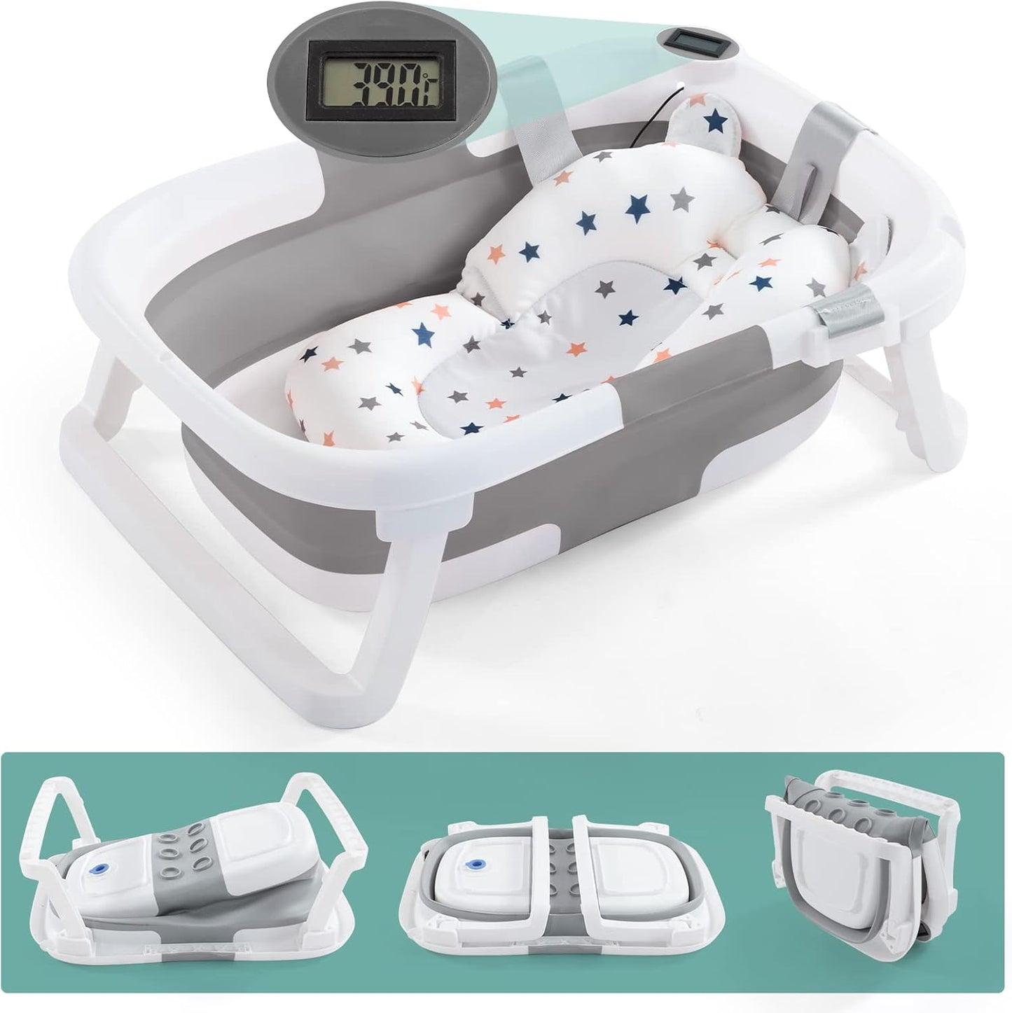 Baby BathTub, 4-in-1 Newborn to Toddler Tub with Temperature Sensor,Infant Waterproof Ear Cap and Soft Cushion included,Pink