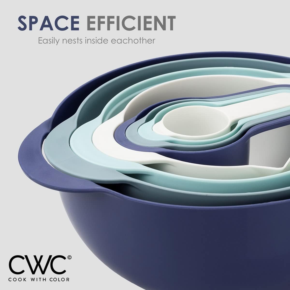 Cook With Color 8 Piece Nesting Bowls with Measuring Cups Colander and Sifter Set | Includes 2 Mixing Bowls, 1 Colander, 1 Sifter and 4 Measuring Cups, Blue