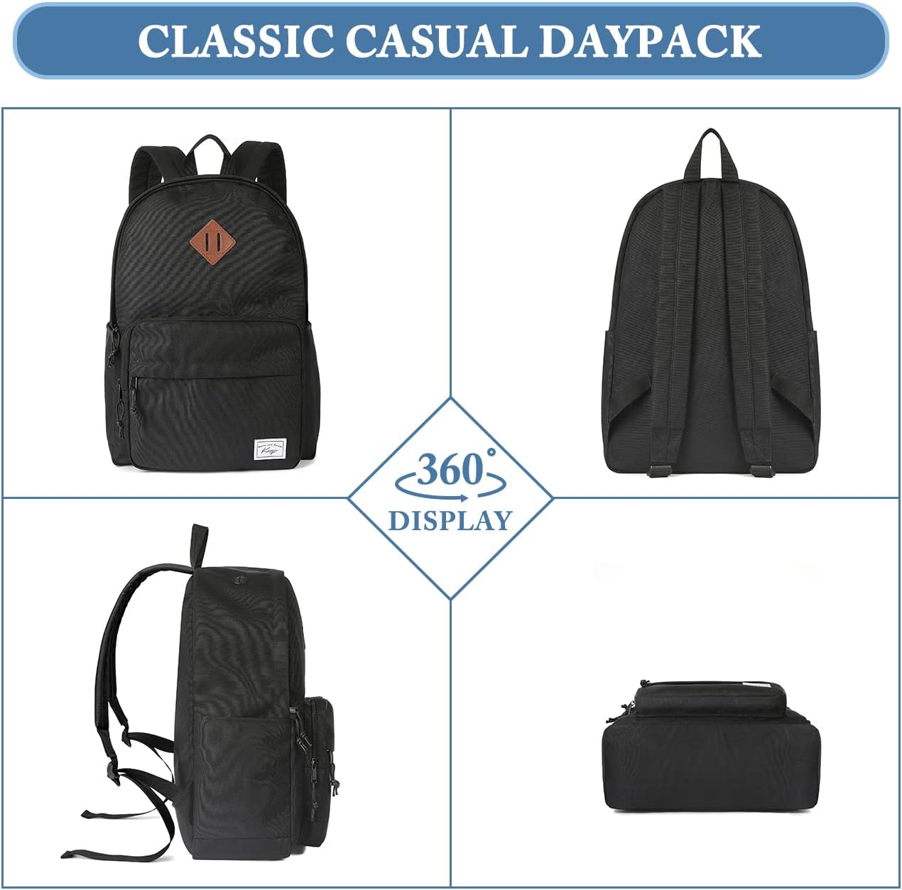 School Backpack, Kasqo 15.6 Inch Classic Lightweight Water-Resistant Backpack for Men Women Teens Girls Boys Kids to School, College, Travel, Work, Black