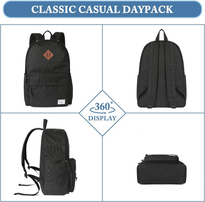 School Backpack, Kasqo 15.6 Inch Classic Lightweight Water-Resistant Backpack for Men Women Teens Girls Boys Kids to School, College, Travel, Work, Black