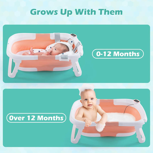 Baby BathTub, 4-in-1 Newborn to Toddler Tub with Temperature Sensor,Infant Waterproof Ear Cap and Soft Cushion included,Pink - PuriLite