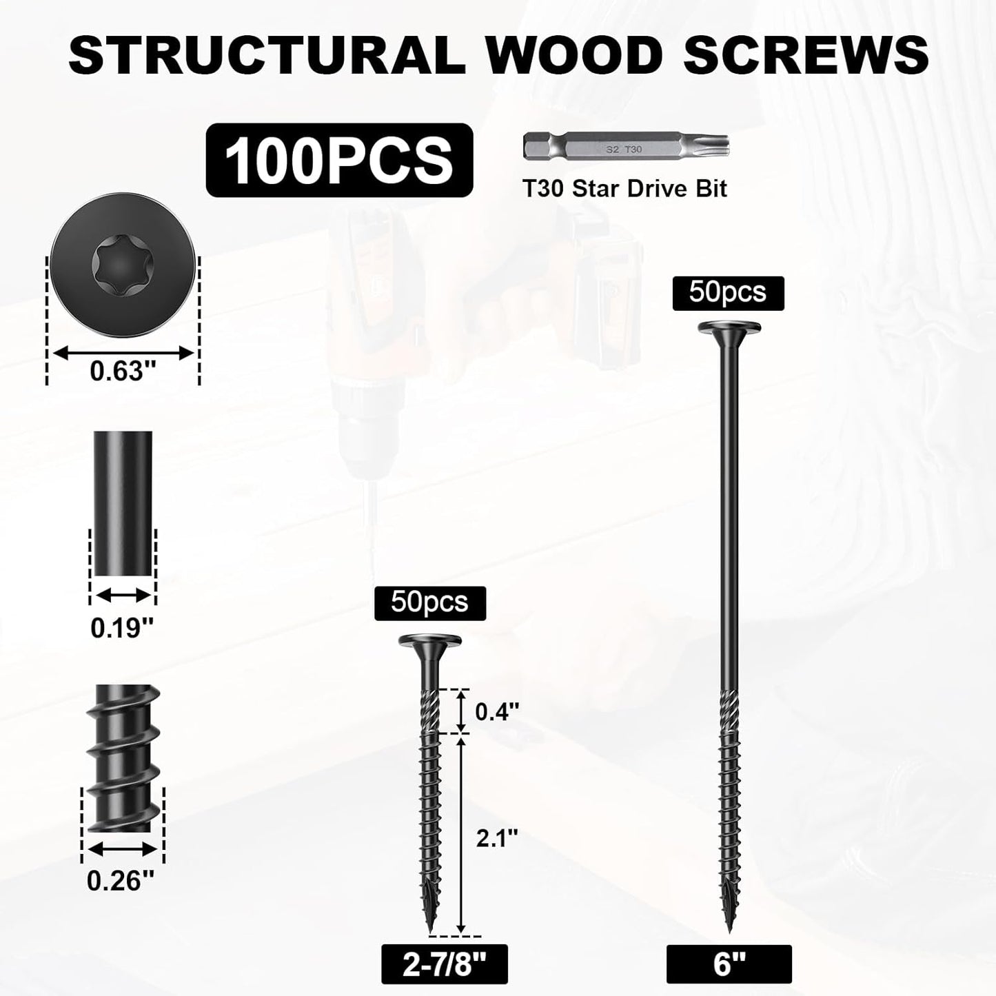 FMhotu 6 Inch Heavy-Duty Outdoor Deck Screws, 50Pcs Star Drive Decking Wood Screws, Rust Resistant Timber Screws for Timber/Log/Landscaping Wood (#14 x 6 Black