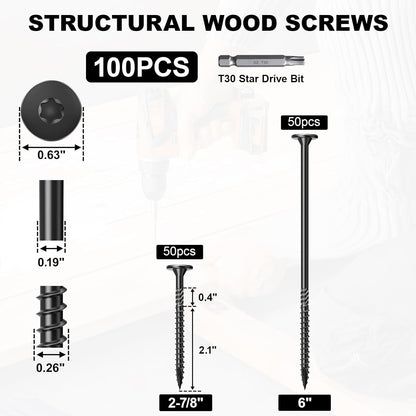 FMhotu 6 Inch Heavy-Duty Outdoor Deck Screws, 50Pcs Star Drive Decking Wood Screws, Rust Resistant Timber Screws for Timber/Log/Landscaping Wood (#14 x 6 Black