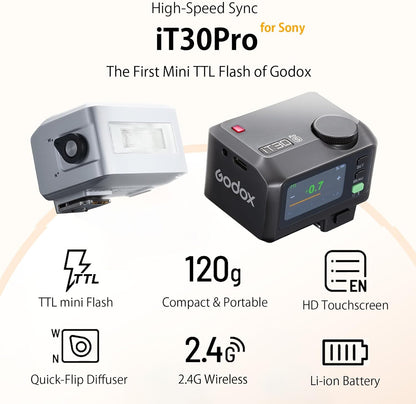 Godox iT30Pro S TTL Flash for Sony, Godox IT30 Pro S Camera Flash,iT30ProS 2.4G HSS 1/8000s, Full-Color Touchscreen,Compatible with a7IV a9III a7III a7CII a6000 a7C a7SIII ZV-E10 II a6500 (Black)