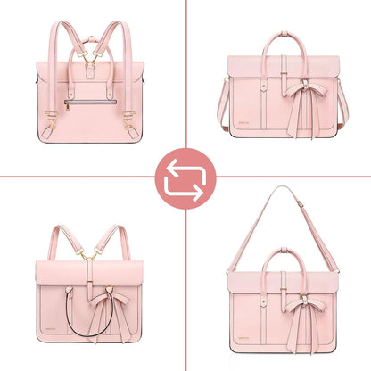 MOSISO Laptop Bag for Women, PU Leather Laptop Shoulder Bag Convertible Backpack, Work Travel Computer Bag with Bowknot - PuriLite