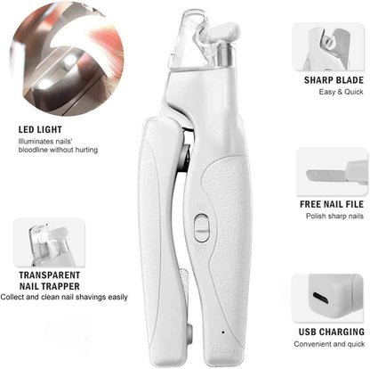 Pet Nail Clipper with LED Light for Dogs & Cats, Rechargeable Nails & Claws Trimmer Grooming, Safe Professional Trimming Tool with Nail Trapper & Free Nail File, Quick-Sensor Razor Sharp Blades
