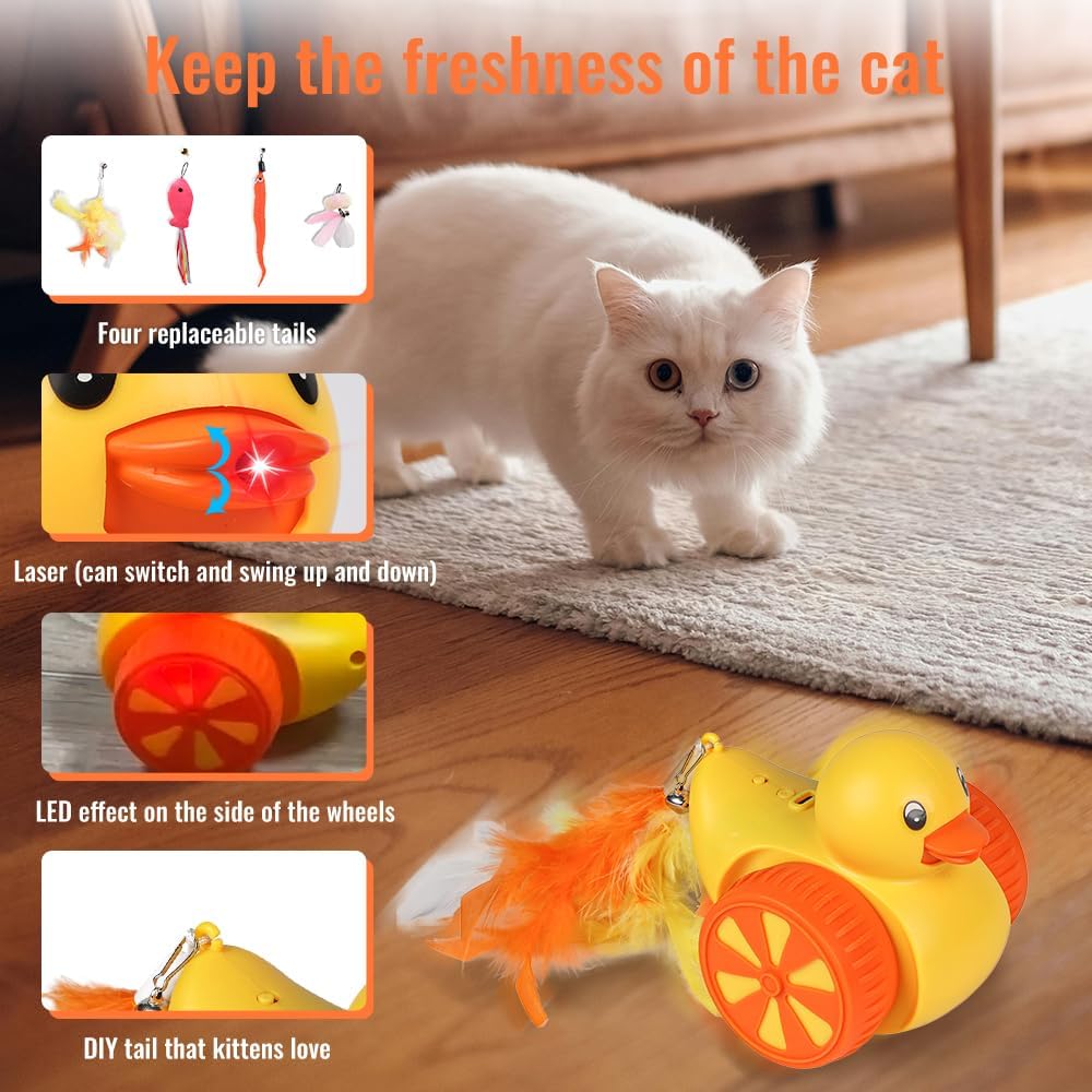 Interactive Cat Toys for Indoor Cats, Automatic Moving Cat Toy with Laser, Rechargeable Random Movement Duck Cat Toy for Bored Cats/Kittens/Dogs, with 4 Replaceable Tails (Worm, Feather, Fish)