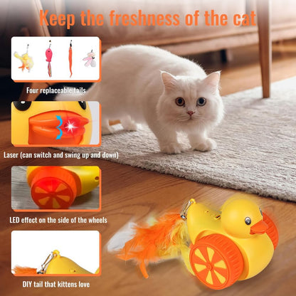 Interactive Cat Toys for Indoor Cats, Automatic Moving Cat Toy with Laser, Rechargeable Random Movement Duck Cat Toy for Bored Cats/Kittens/Dogs, with 4 Replaceable Tails (Worm, Feather, Fish)