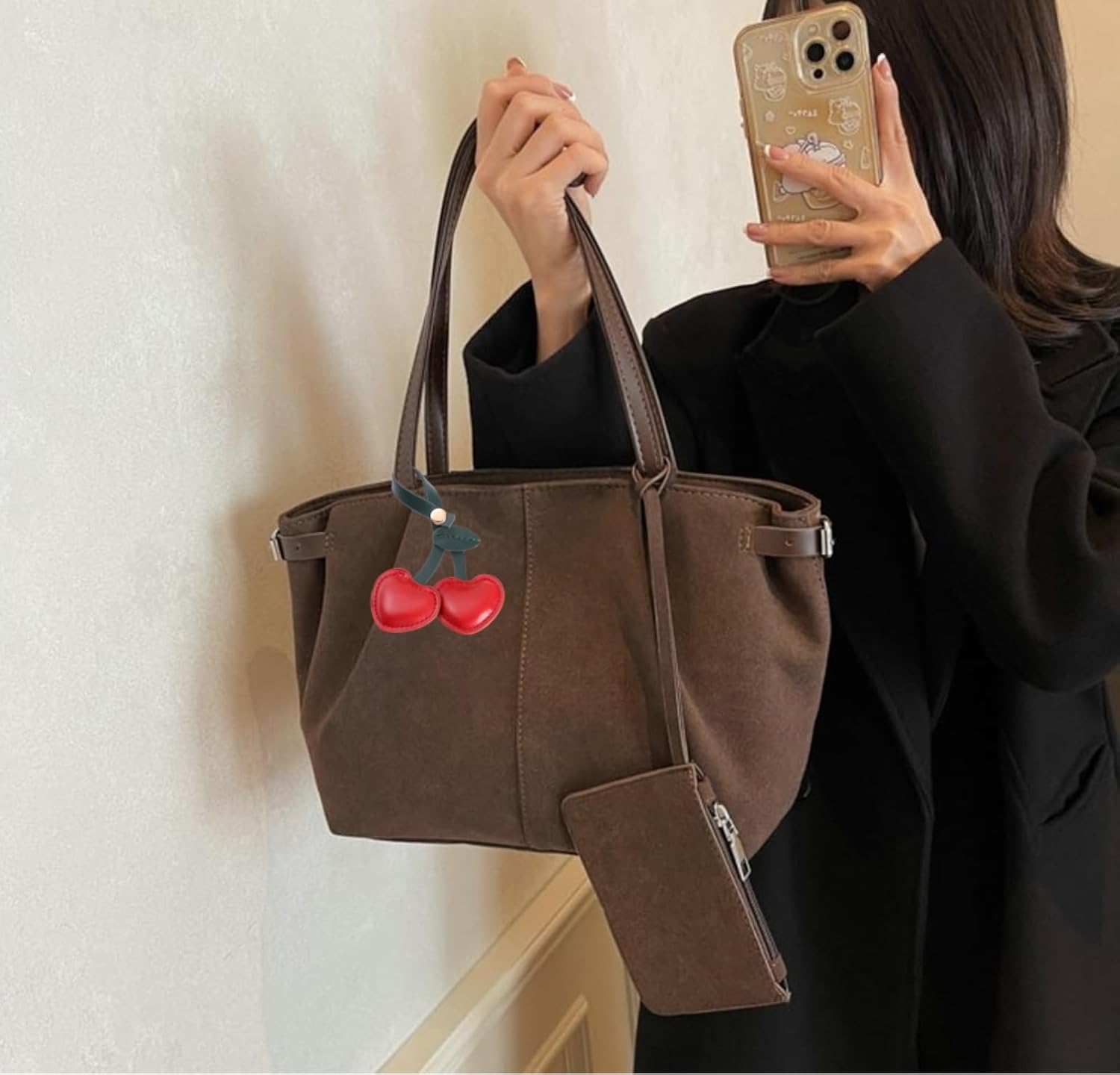 Purilite Select | Suede Shoulder Bag for Women | Pleated Vintage Hobo Tote | Medium Underarm Satchel with Charm Pendant - PuriLite