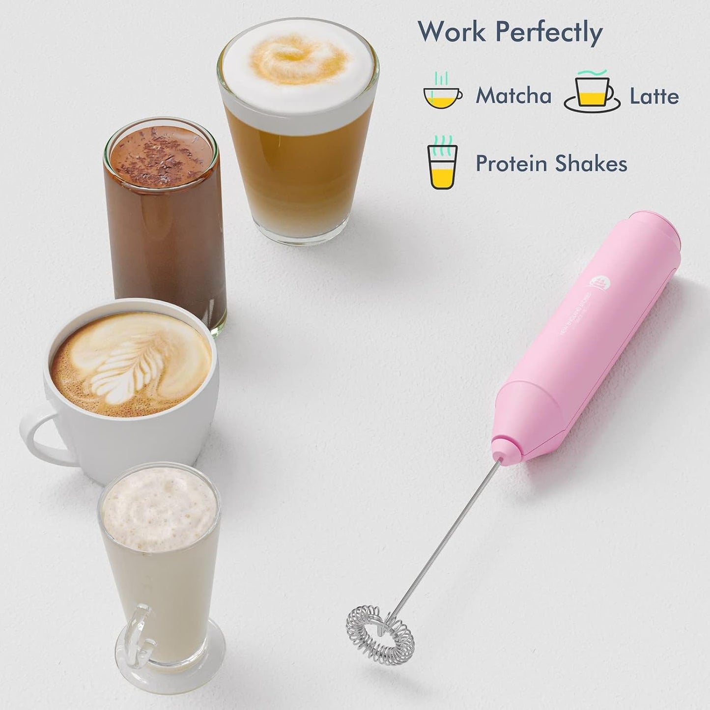 Powerful Milk Frother Handheld Foam Maker, Mini Whisk Drink Mixer for Coffee, Cappuccino, Latte, Matcha, Hot Chocolate, With Stand, Light Purple