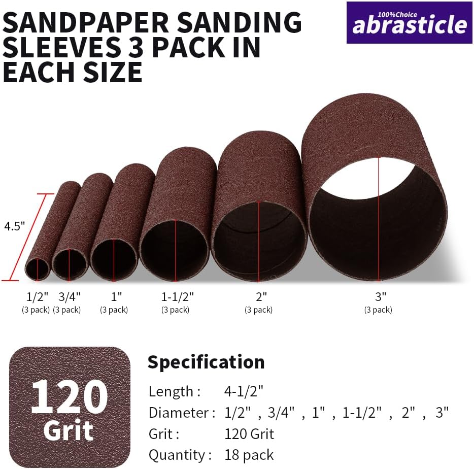 18 Pack Spindle Sander Sleeves, Sanding Sleeves for Oscillating Sander, 80 150 240 Assorted Grit Sandpaper, 4-1/2" Length, 1/2",3/4",1",1-1/2", 2", 3" Diameter