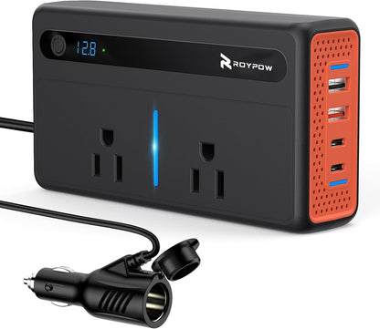 RoyPow 200W Car Power Inverter, DC 12V to 110V AC Power Inverter with Cigarette Lighter Port, Car Plug Adapter Outlet with 3.4A USB-A, QC3.0 24W, PD 30W, PD 36W, Dual AC Outlets, Car Charger Adapter