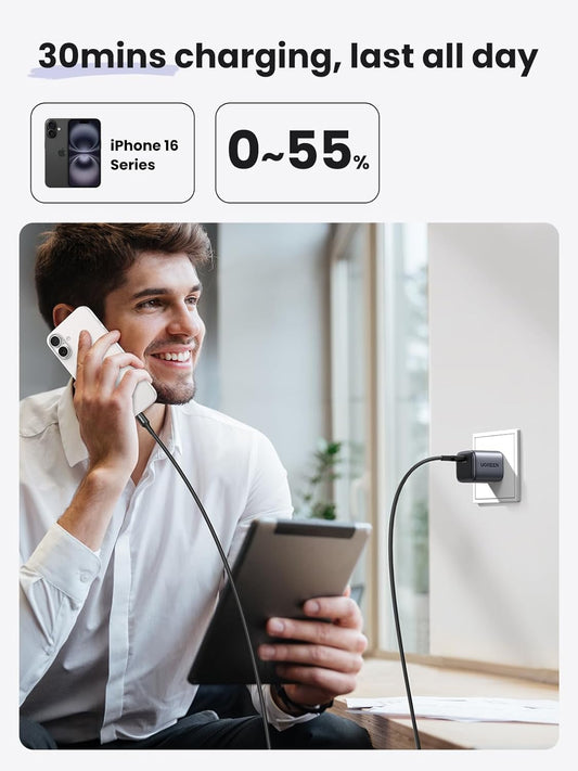 UGREEN USB C Charger Block 30W, Foldable Nexode Fast Charger GaN Fast Charging, USB C Wall Plug Compatible for iPhone16 Pro Max 15, Galaxy S24 Series, Pixel 8 Pro 7, MacBook Air, iPad, Black - PuriLite