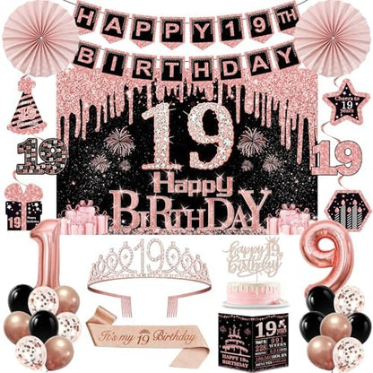 40th Birthday Decorations for Women,32pcs 40th Birthday Party Decorations,Including Backdrop, Crown,Sash,banner, Hanging Swirl,Cake Topper,balloons,Paper Fans,Anniversary Card and paper fans