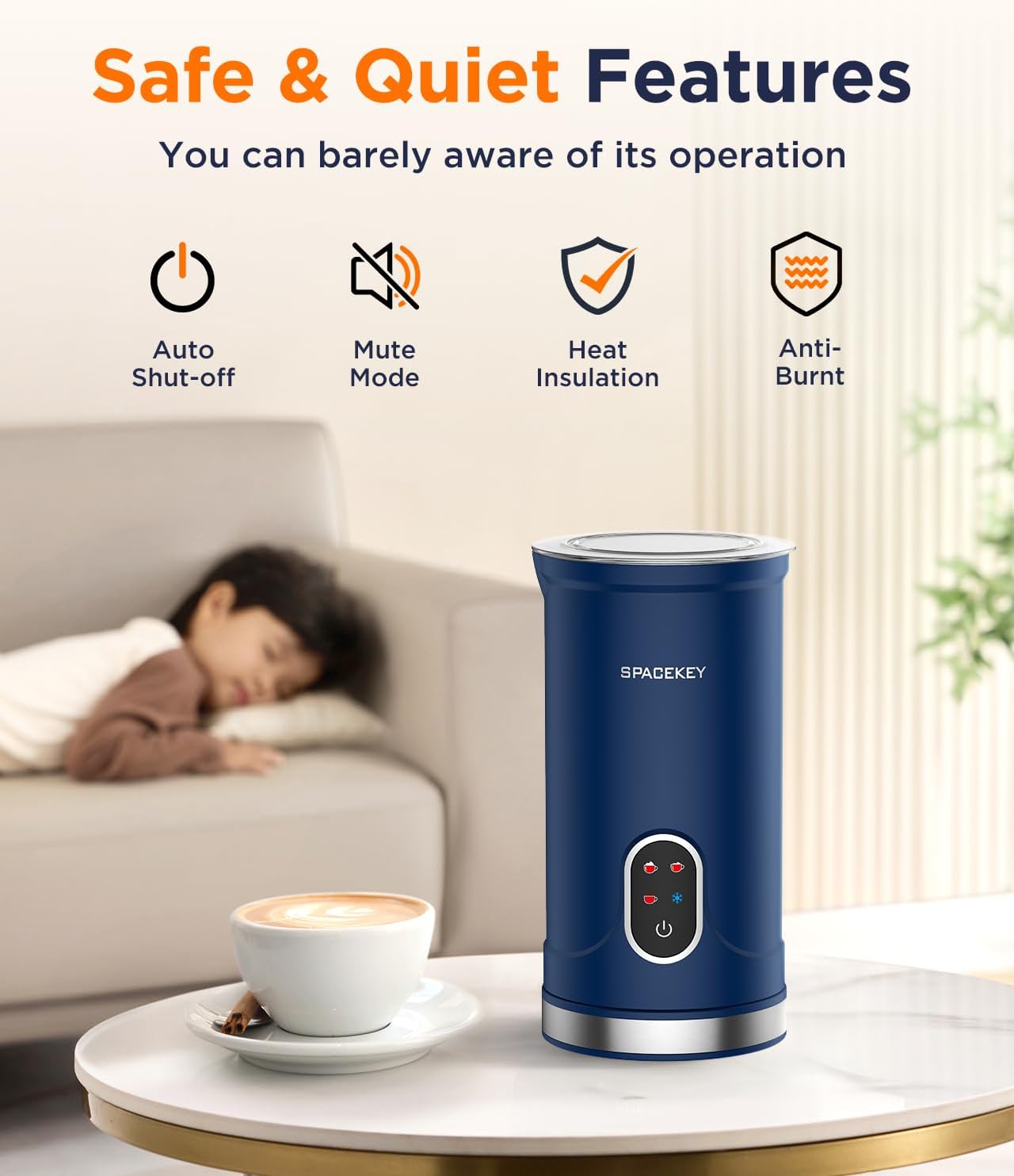 Spacekey - 4 in 1 Milk Frother and Steamer, 4 in 1 Milk Frother 300ml Hot and Cold Frother Machine with Quiet Mode, with Automatic Temperature Control, Electric Frother for
