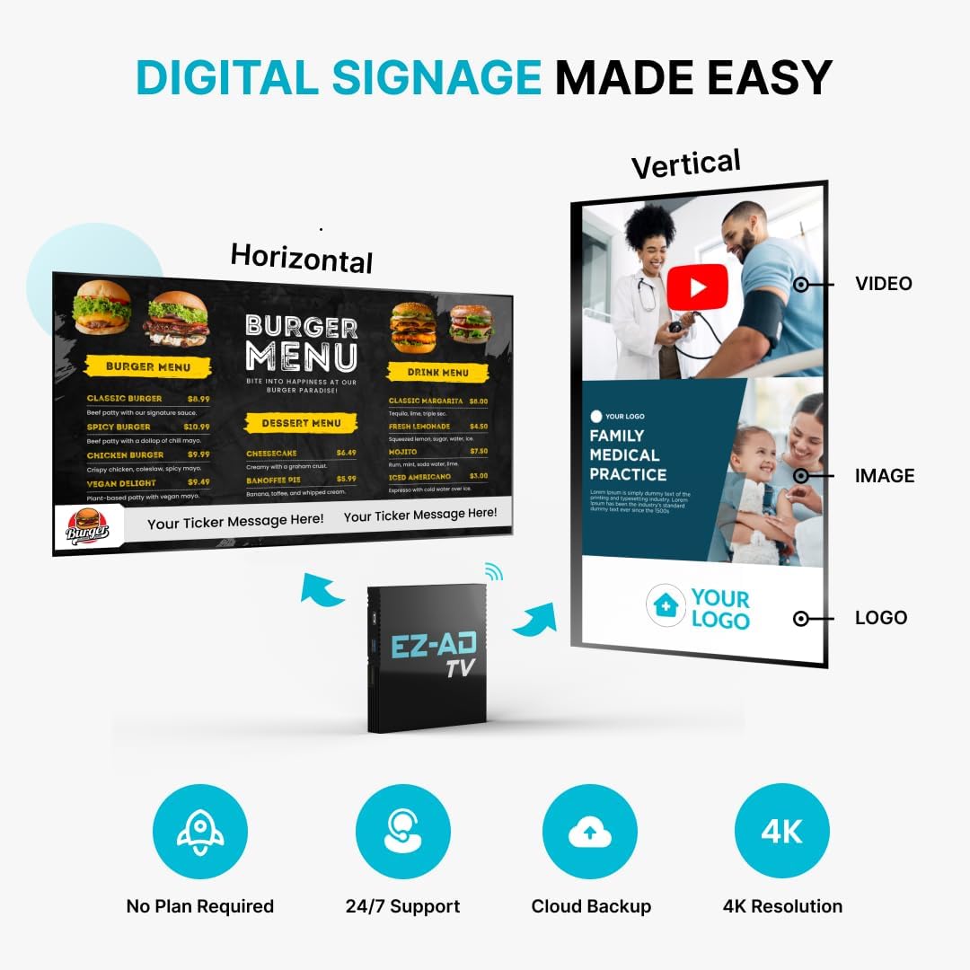 EZ-AD TV Digital Signage Player, Digital Signage 4k Player Kit, Auto-Post Content, Cloud-Controlled, Add Your PowerPoint Presentation, Free Plan & Mobile App, Thousands of Templates