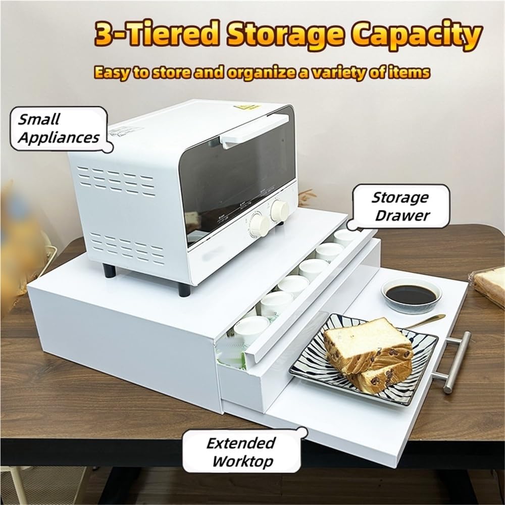 Microwave Stand with Drawer, 3-Tier Kitchen Organizer, Carbon Steel Rack for Coffee Maker & Small Appliances, Pull-Out Extension Shelf