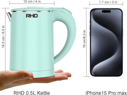 RHD 0.5L Small Portable Electric Kettles for Boiling Water, 304 Stainless Steel Hot Water Dispensers, Fast Boil Teapot, Auto Shut-Off, Perfect For Dorm RV Travel Coffee Tea, Green
