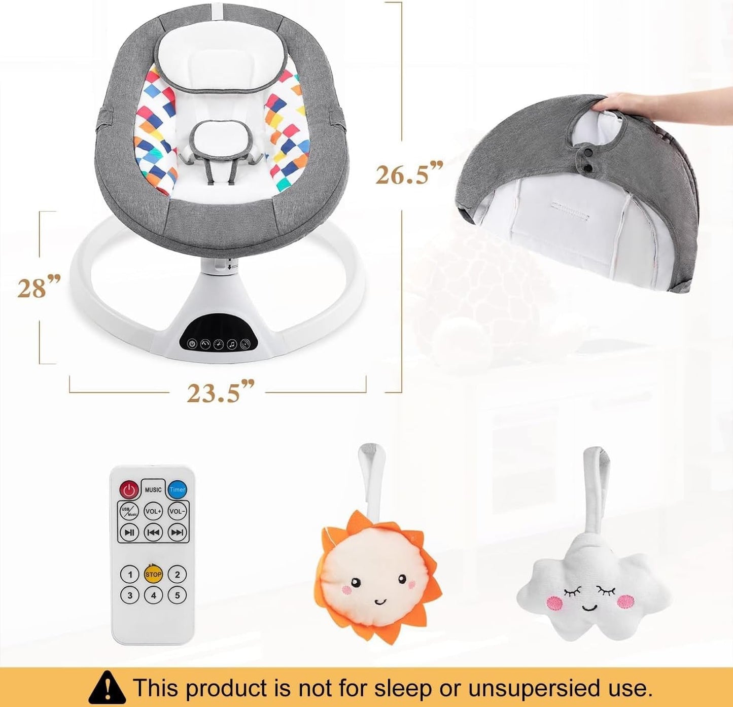 Baby Baby Swing for Newborn,Electric Baby Swings with Music Speaker,5 Speeds and Remote Control-Portable Infant Swing,Light Gray