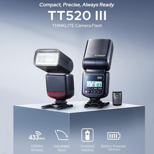 GODOX TT520III Camera Flash Speedlite with 433MHz Receiver, 8 Power Levels, Single-Contact Hotshoe Compatible with Canon Sony Nikon Fuji Olympus Panasonic - PuriLite