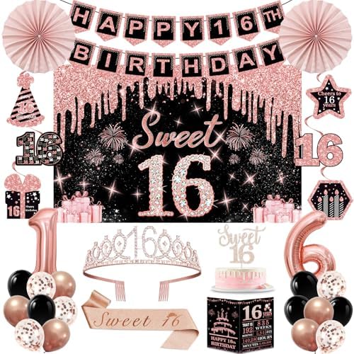 40th Birthday Decorations for Women,32pcs 40th Birthday Party Decorations,Including Backdrop, Crown,Sash,banner, Hanging Swirl,Cake Topper,balloons,Paper Fans,Anniversary Card and paper fans