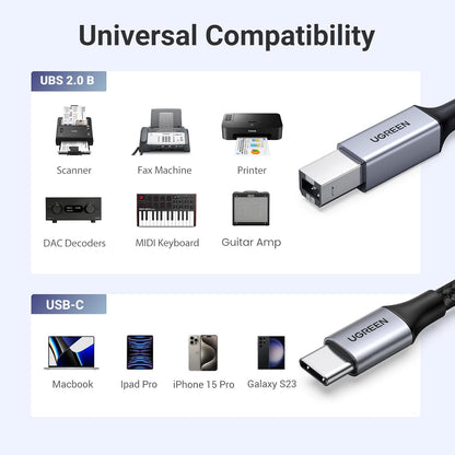 UGREEN USB C Printer Cable C to A Printer Scanner Braided MIDI Cable Compatible with DJ Controller, MIDI Keyboard, Digital Mixing Console, Piano Keyboard for MacBook Pro, iPad, 6ft