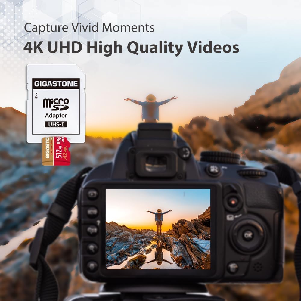 [5-Yrs Free Data Recovery] GIGASTONE 512GB Micro SD Card, 4K Camera Pro, A2 V30 for Smartphone, Gopro, Action Cams, 4K UHD Video Recording, R/W up to 150/120 MB/s, UHS-I U3 C10 Class 10 with Adapter