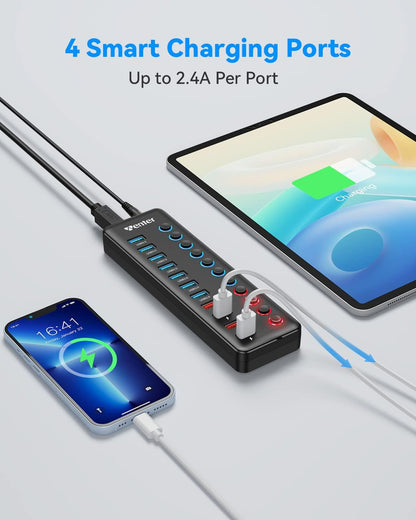 Powered USB 3.0 Hub, WENTER 11-Port USB Data Hub Splitter with Individual On/Off Switches and 12V/3A Power Adapter for MacBook,Mac Pro/Mini and More(7 USB3.0 Ports + 4 Charging Ports)