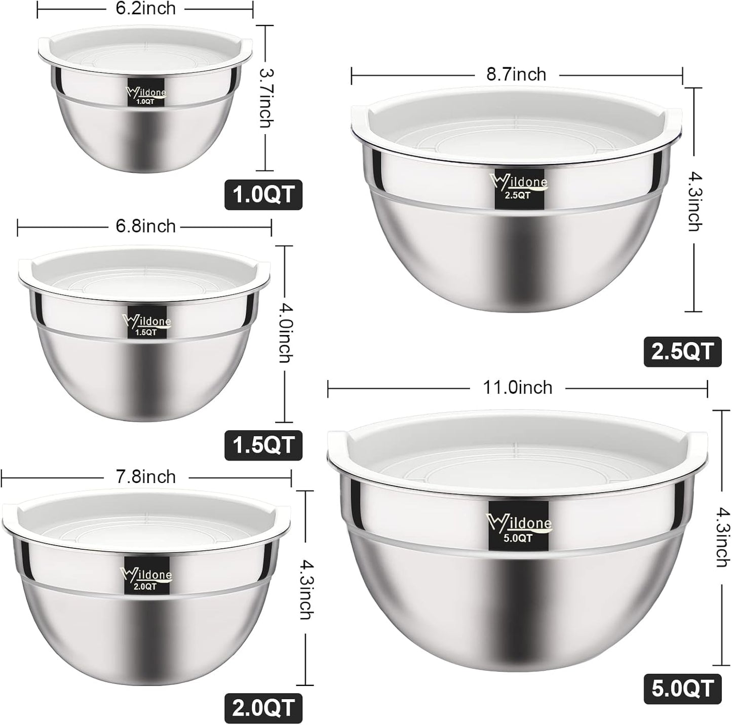 Mixing Bowls with Airtight Lids - Wildone 19 Piece Stainless Steel Nesting Bowls Set, BPA Free & Extra Deep, Size 5, 2.5, 2, 1.5, 1 QT, Great for Mixing & Serving