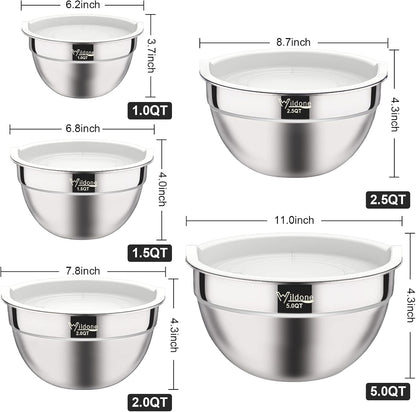 Mixing Bowls with Airtight Lids - Wildone 19 Piece Stainless Steel Nesting Bowls Set, BPA Free & Extra Deep, Size 5, 2.5, 2, 1.5, 1 QT, Great for Mixing & Serving